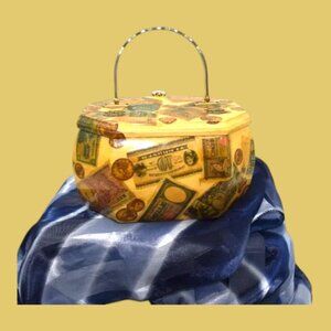 Vintage Mid-Century Decoupage Wood Box Handbag Old Money
